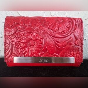 Patricia Nash Red Tooled Leather Wallet Floral Embossed Bifold